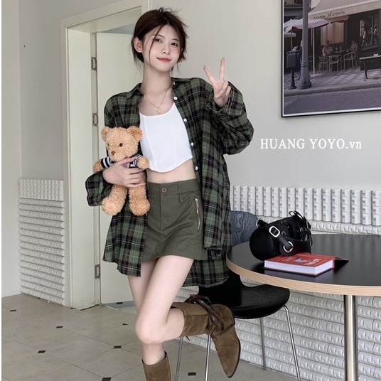 HUANG YOYO Áo Sơ Mi Caro Tay Dài Dáng Rộng Thời Trang Hàn Quốc Cho Nữ