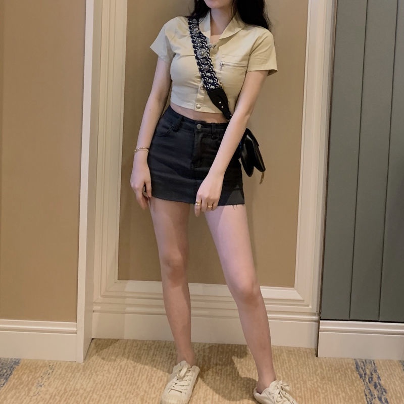 COZOK Chân váy denim lưng cao xẻ tà quyến rũ