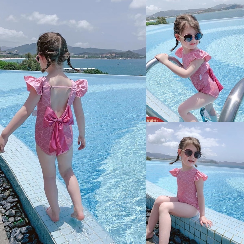 Đủ size  Bikini Hồng Nơ To Cho Bé Gái , Đồ Bơi Đồ bơi liền thân bé gái, tay cánh tiên xinh xắn