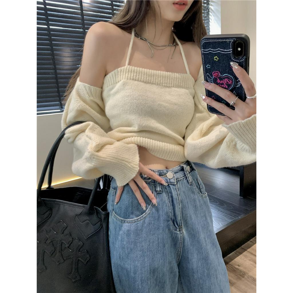 55091 Phong Cách Mới Áo Yếm Dệt Kim + Áo Cardigan Ngắn Hai Mảnh