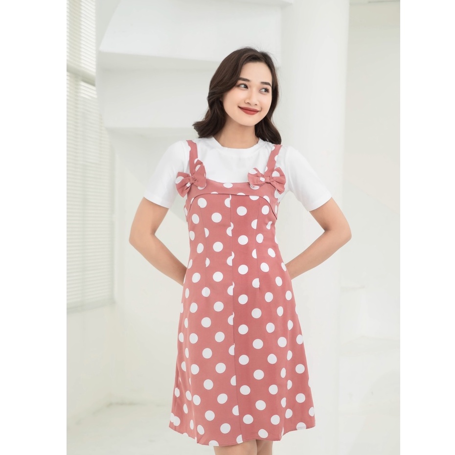 Đầm Nữ NHẬT VY Chấm Bi Phối Nơ Chất Lụa Đi Chơi Dáng Suông Màu Đen, Hồng, Đỏ KHÔNG KÈM ÁO - D1870