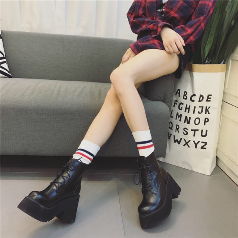 YAS0569-Giày da đen cao cổ đế cao