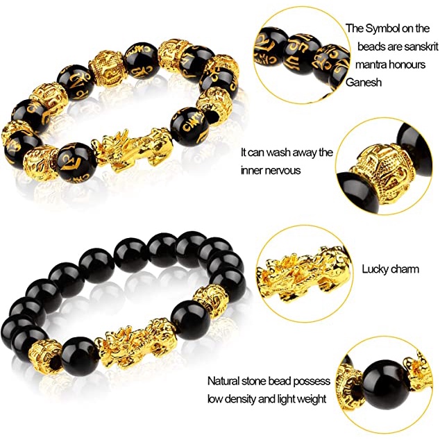 Vòng Đeo Tay May Mắn Xâu Hạt Đá Obsidian Vàng Mang Lại May Mắn Phong Thủy Có Thể Điều Chỉnh Unisex