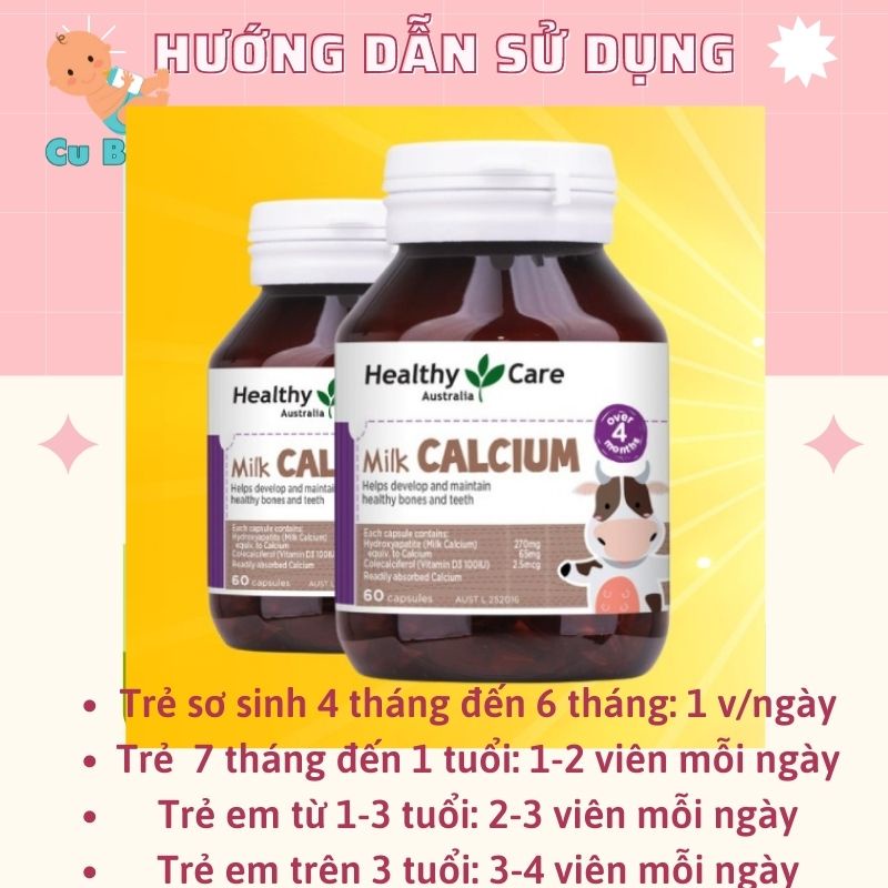 canxi cho bé Healthy Care Milk Calcium Úc 60 viên cho trẻ biếng ăn với d3 giảm còi xương chậm mọc răng từ 4 tháng tuổi