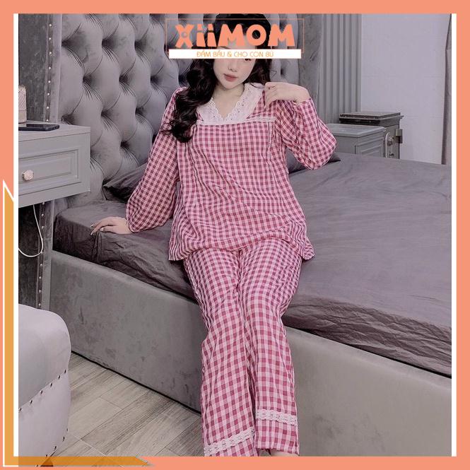 Bộ bầu mặc nhà - Bộ bầu sau sinh kẻ quần dài tay dài chất đũi hàn freesize DB22 - Xiimom