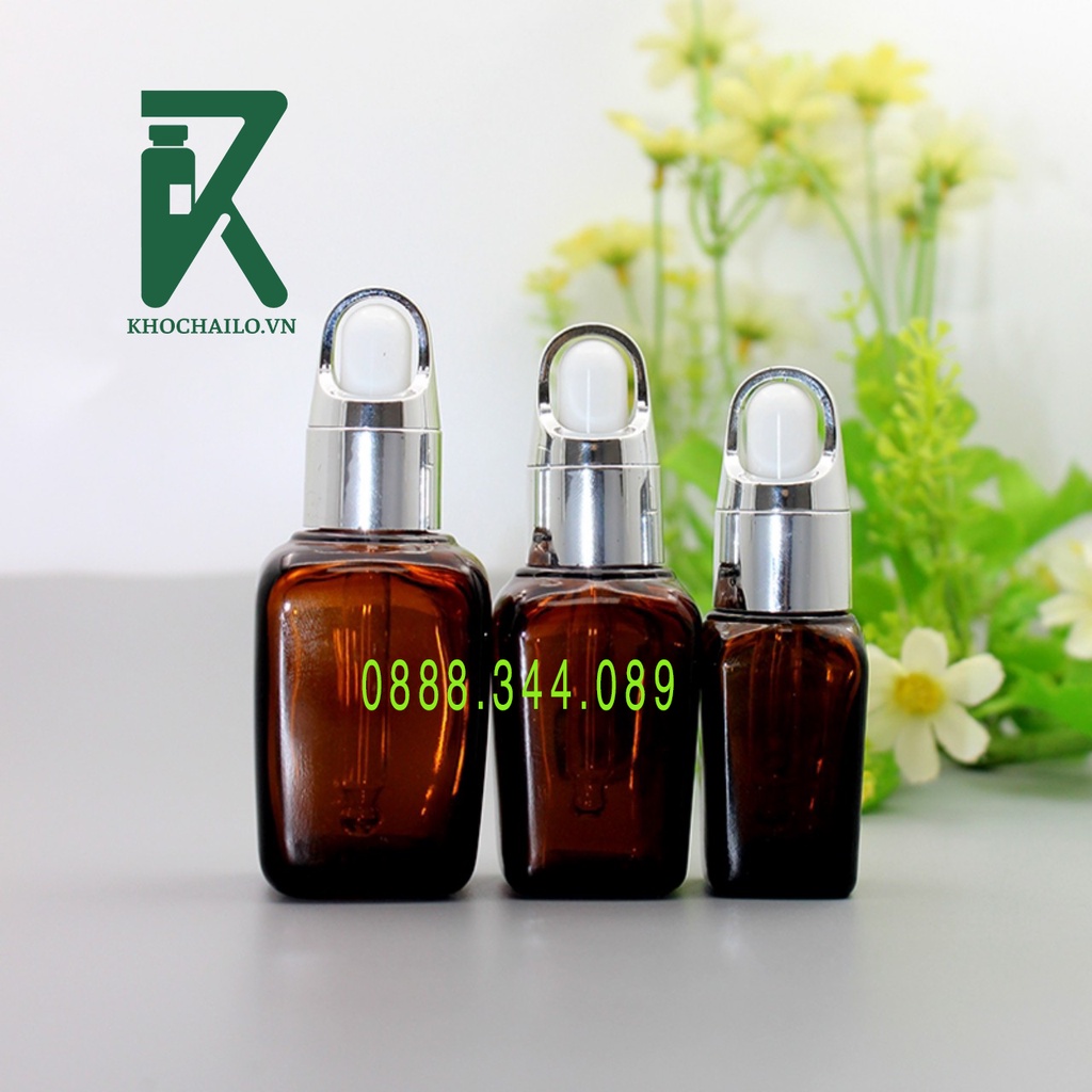 Chai tinh dầu ,serum thủy tinh vuông nâu khoen quai xách vàng,bạc ống thủy tinh bóp trắng 10ml,20ml,30ml,50ml