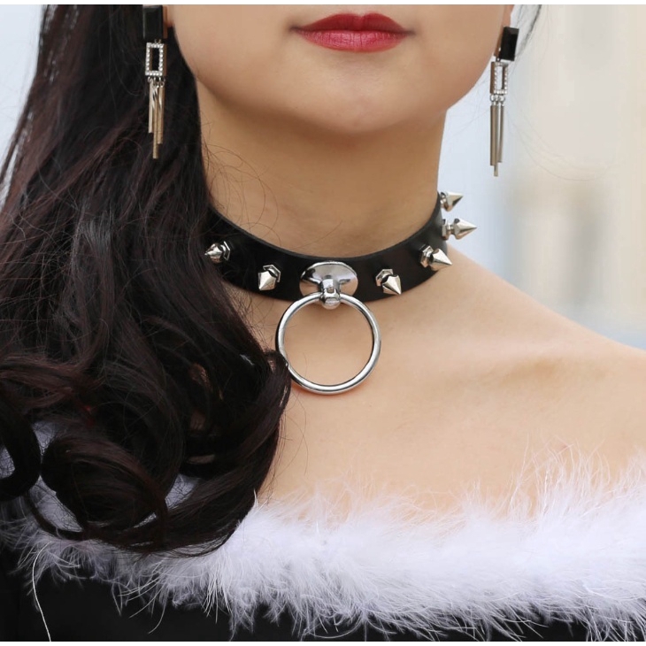 Màu bạc O-Round Spike Vòng cổ nữ Cổ áo khai thác cho phụ nữ 2019 Punk Leather Chocker Trang sức gothic