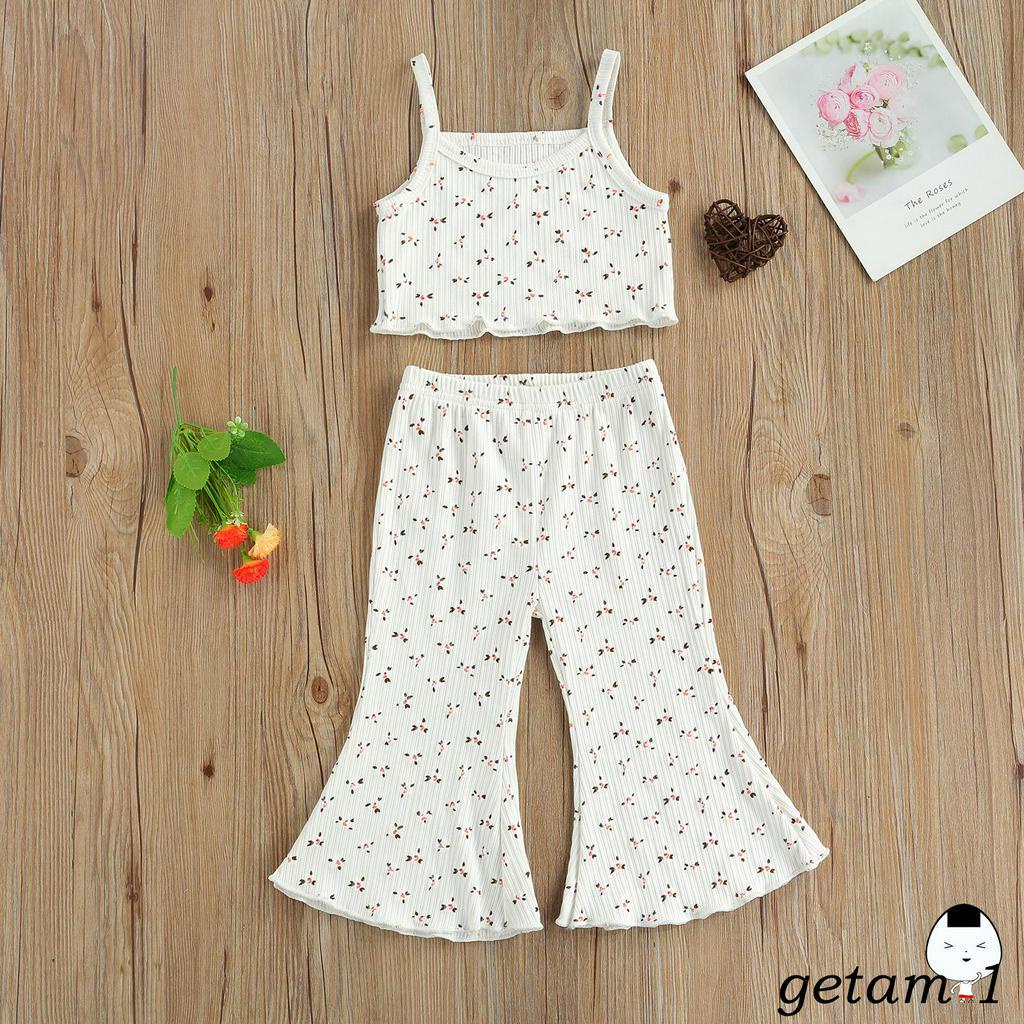 Set Áo Sát Nách Và Quần Ống Loe Họa Tiết Hoa Xinh Xắn Dành Cho Bé Gái