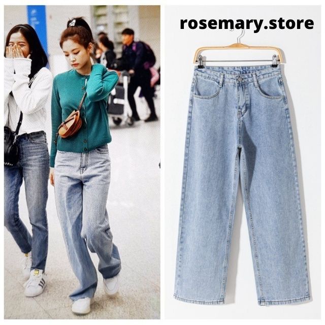Quần jeans ống rộng xanh nhạt Jennie Blackpink và IU