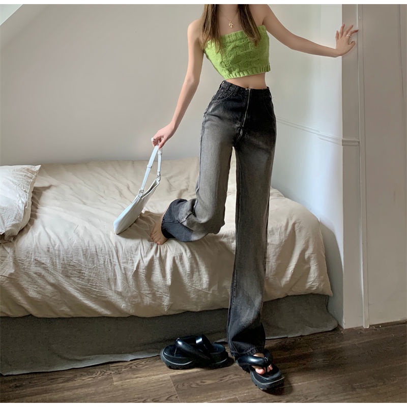 Quần Jeans Nữ Lưng Cao Ống Rộng Màu Sắc Retro