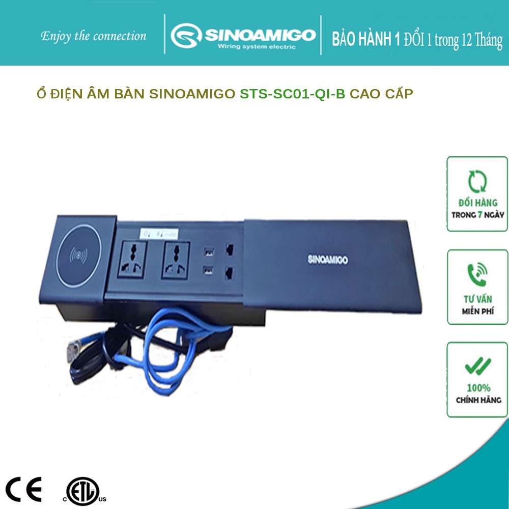 Ổ điện âm bàn nắp trượt Sinoamigo STS-SC01-Qi-B, tích hợp sạc không dây