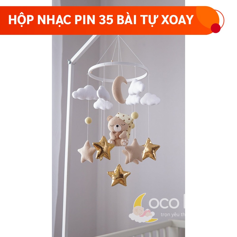 [TẶNG BẢNG TÊN BÉ & VÒNG TREO] Đồ chơi treo nôi cho bé CoCo Kids kích thích thị giác ảnh, có nhạc tự xoay GẤU SAO VÀNG