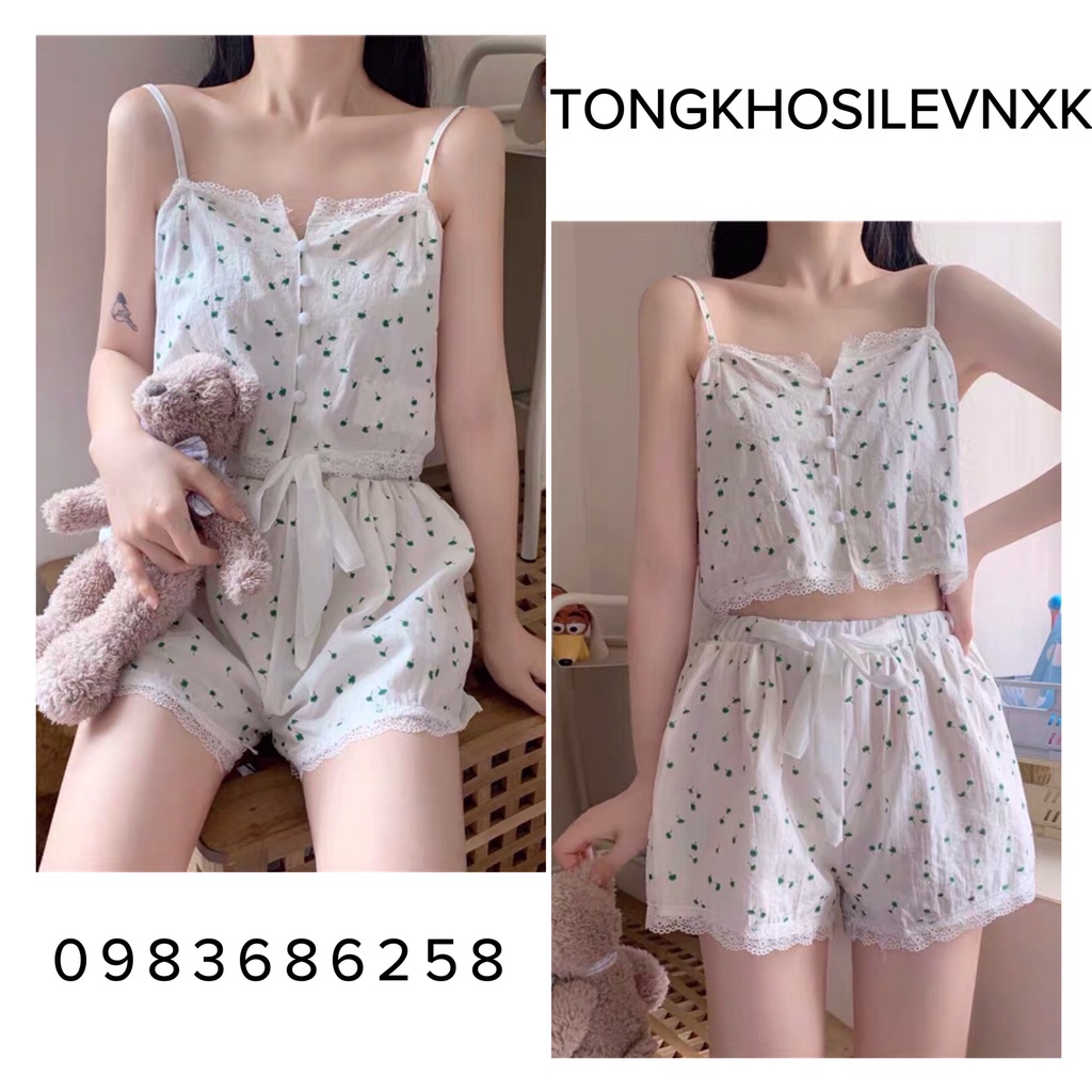 Set Đồ Bộ Viền Ren Áo 2 Dây Cài Cúc + Quần Short Ống Rộng Chun Buộc Nơ Trắng Nền Xanh Phối Ren