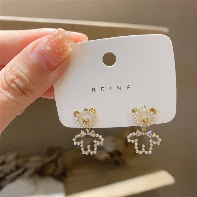 Bông Tai Hình Gấu Đính Ngọc Trai Lấp Lánh Dễ Thương Phong Cách Hàn Quốc Cho Nữ