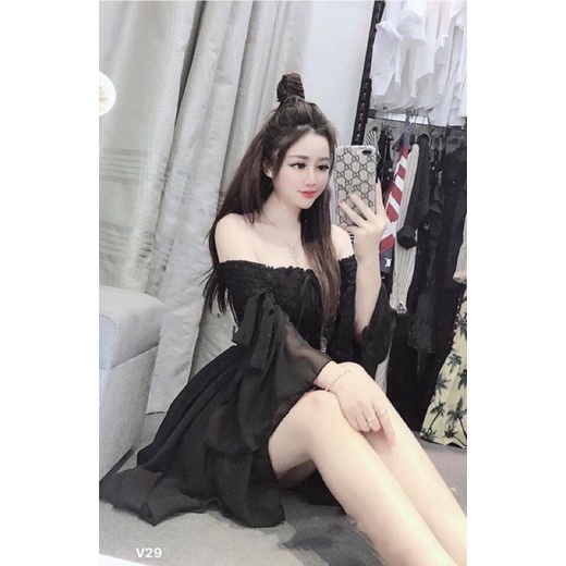 Đầm nhún tiểu thư cột nơ tay màu đen xinh đẹp