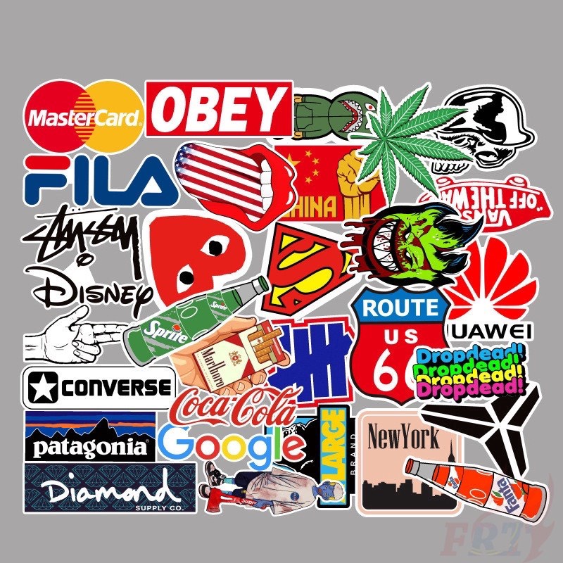 Bộ 100 sticker brand tổng hợp siêu chất dùng để trang trí điện thoại di động / ván trượt / vali không để lại dấu keo