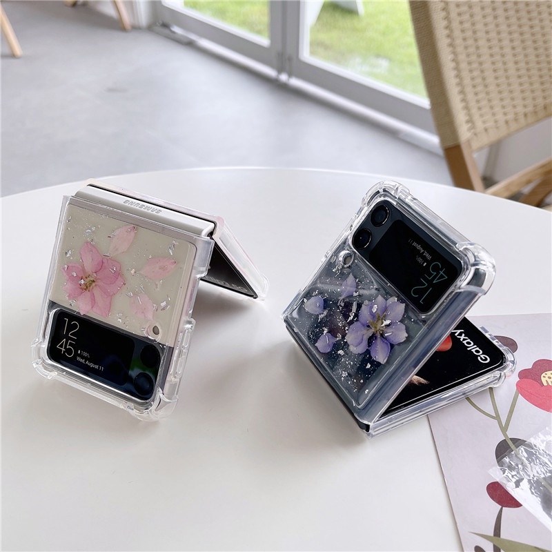 Bao Da Điện Thoại Nắp Gập Chống Sốc Phối Hoa Khô Lấp Lánh Dành Cho samsung galaxy z flip 5 z flip 4 z flip 3 5g z flip3 Ốp