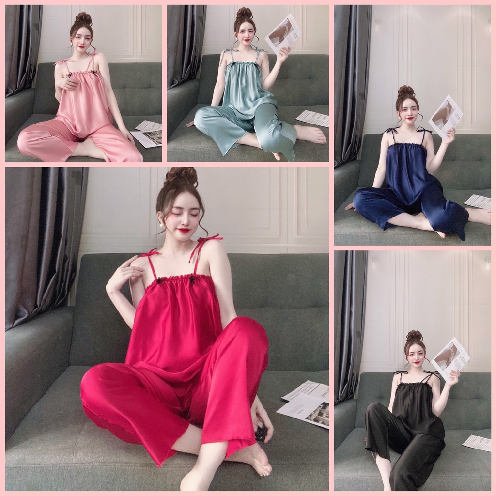 sét đồ ngủ hai dây nhún lụa satin quần dài cao cấp tiểu thư dễ thương