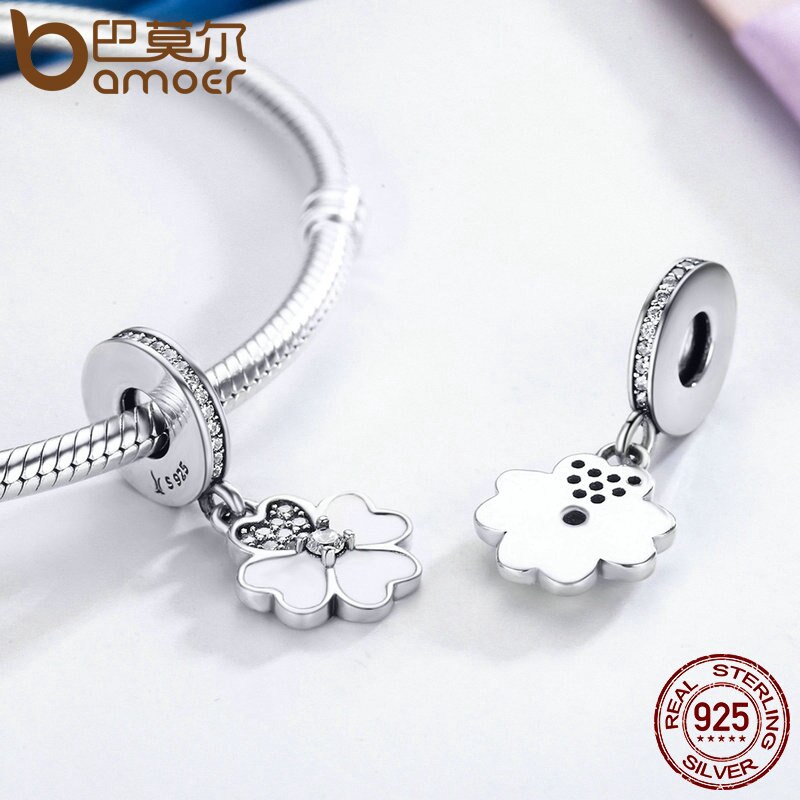 Mặt phụ kiện Bamoer SCC259 bạc 925 hình cỏ 4 lá độc đáo thời trang