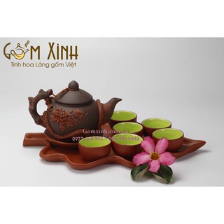 Ấm chén Bát Tràng_Bộ trà gốm tử sa nâu đỏ hoa văn đắp nổi kèm khay lá
