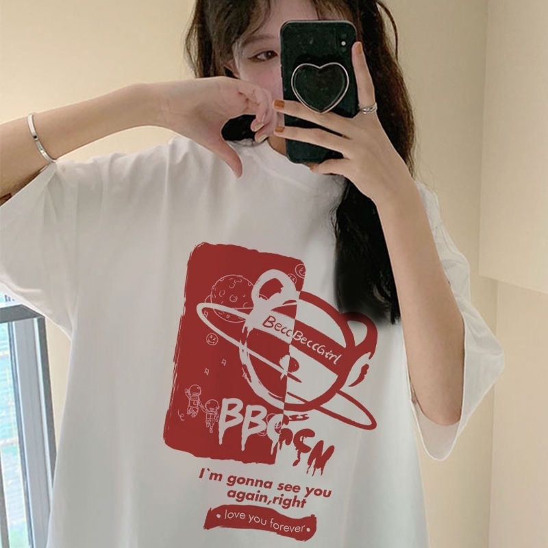 SUXI Áo Thun Tay Ngắn Cổ Tròn Dáng Rộng In Họa Tiết Hoạt Hình Phong Cách Hàn Quốc Thời Trang Mùa Hè Cá Tính