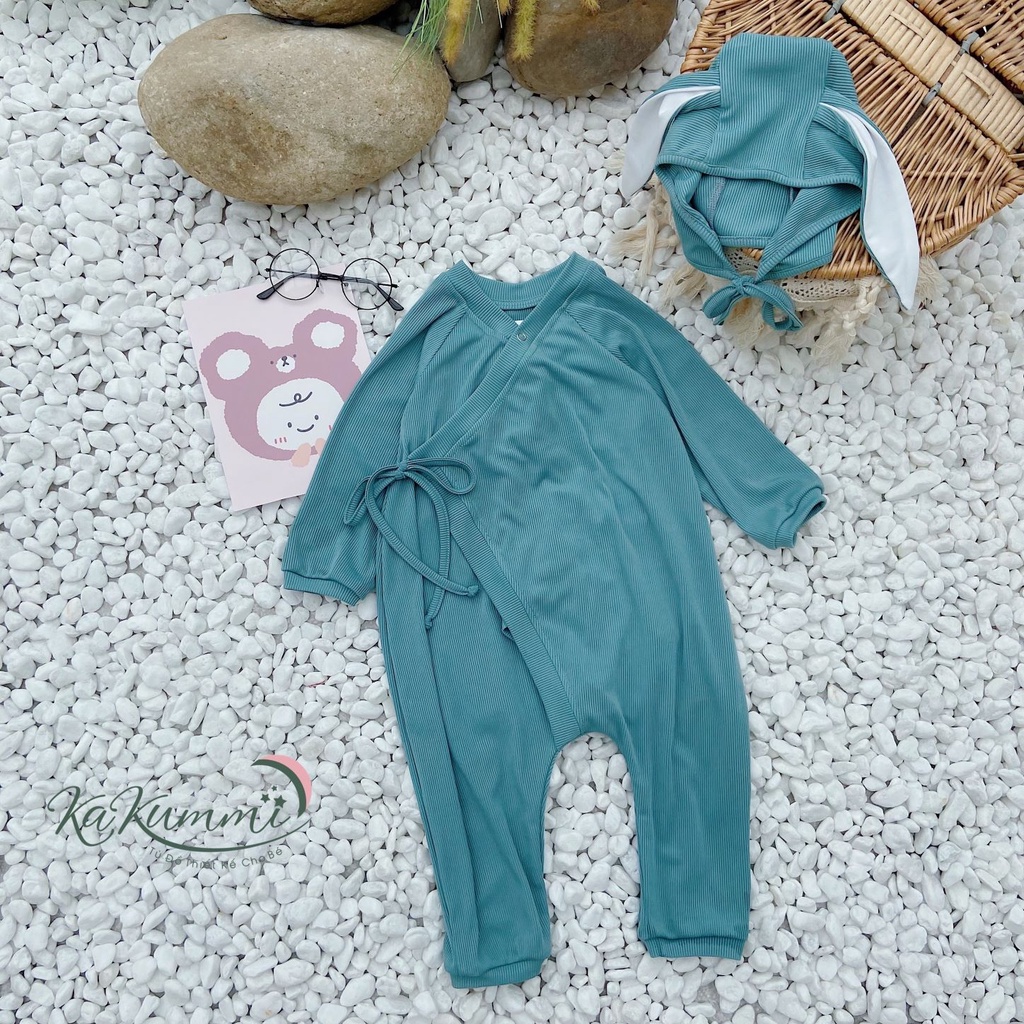 [Kèm mũ] Body suit len dài tay trẻ em 3-14kg, body dài tay buộc dây cho bé trai gái 21BD122 Kakummi