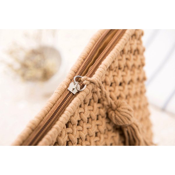 [NowShip - Giao Ngay] Túi Cói Boho Vintage Đeo Vai, Đeo Chéo Hình Vuông Chữ Nhật Dây Da Màu Nâu Be Trơn