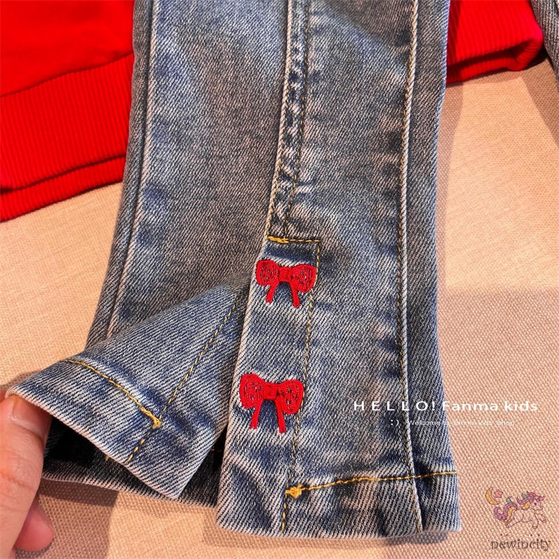 Quần Jean Ống Loe Co Giãn Thêu Họa Tiết Dễ Thương Phong Cách Hàn Quốc Cho Bé Gái