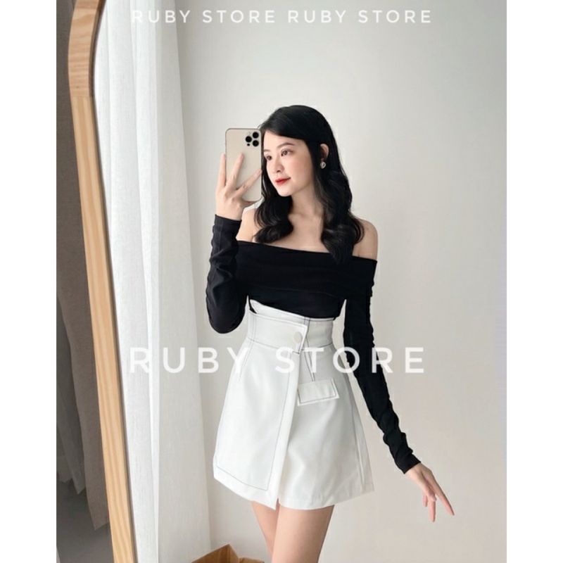 Set áo bẹt vai tay dài len kèm chân váy viền chỉ xịn xò