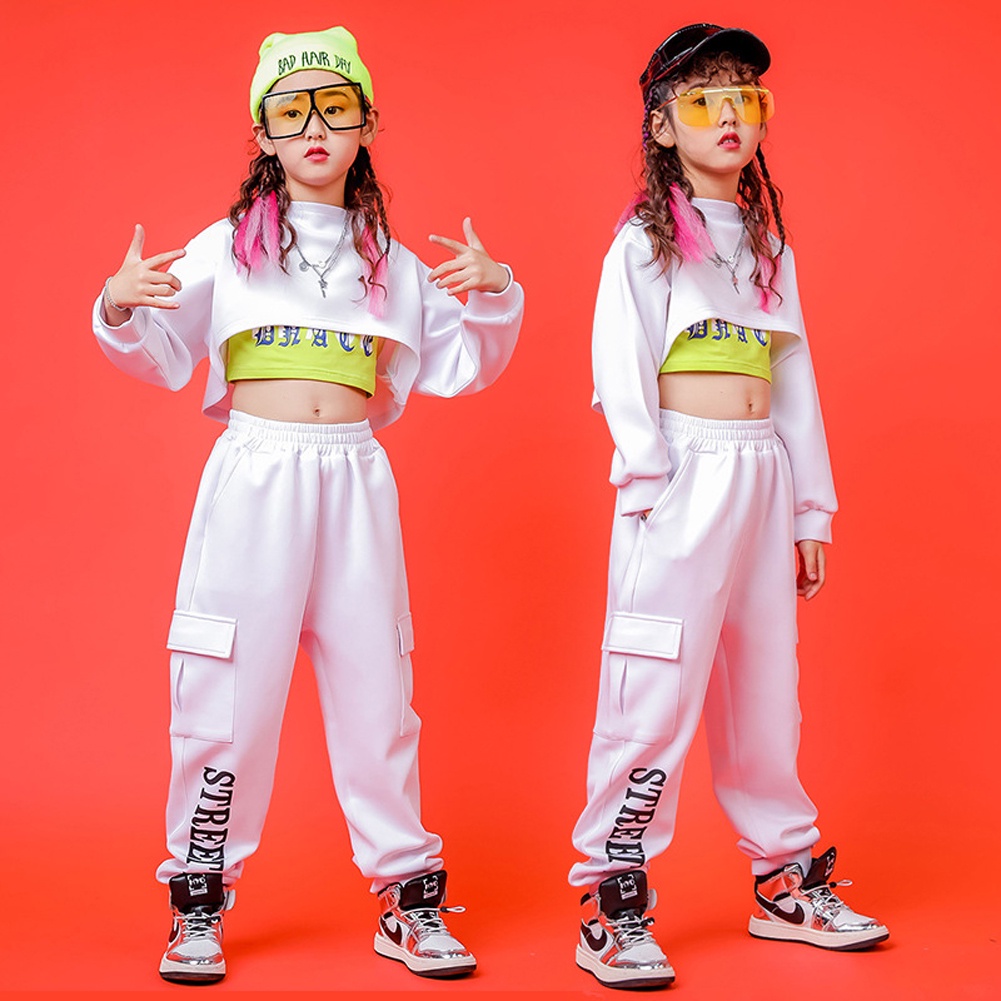 Set Đồ Biểu Diễn Gồm Áo Croptop + Quần Dài Màu Trắng/Xanh Lá Phong Cách Hip Hop Hàn Quốc Dành Cho Bé Gái 4-15 Tuổi