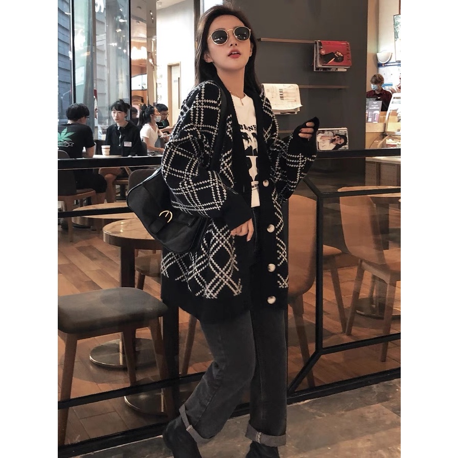 MS460 Áo khoác len cardigan kẻ trám dáng rộng