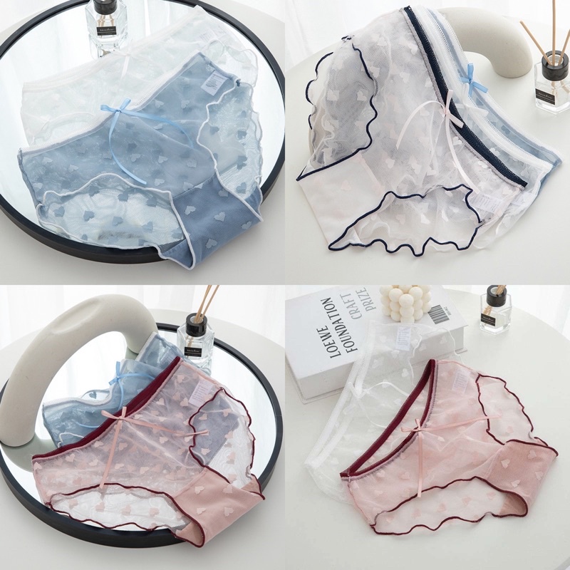 Quần Lót Nữ Ren Cao Cấp Đính Nơ - Quần Lót Ren Sexy Viền Màu Phối Họa Tiết Trái Tim Gợi Cảm Quyến Rũ