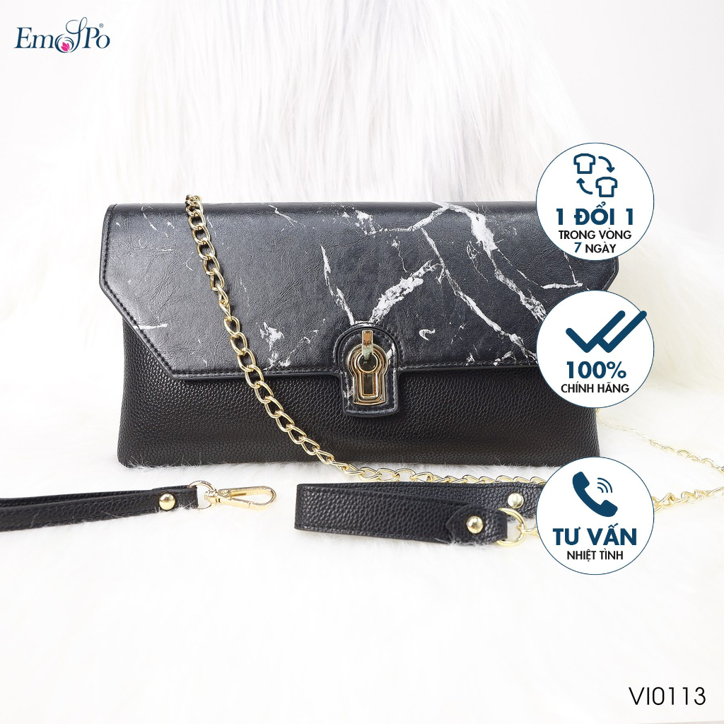 Ví nắp gập gắn kim loại hình chữ L, nắp túi vát 2 góc, phối da màu vân đá Emspo VI0113