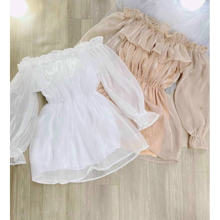 Đầm kiểu nữ bệt vai chất vải voan kiếng 2 lớp FreeSize dưới 54kg, Form trễ hở tay - Bảo An Shop hot