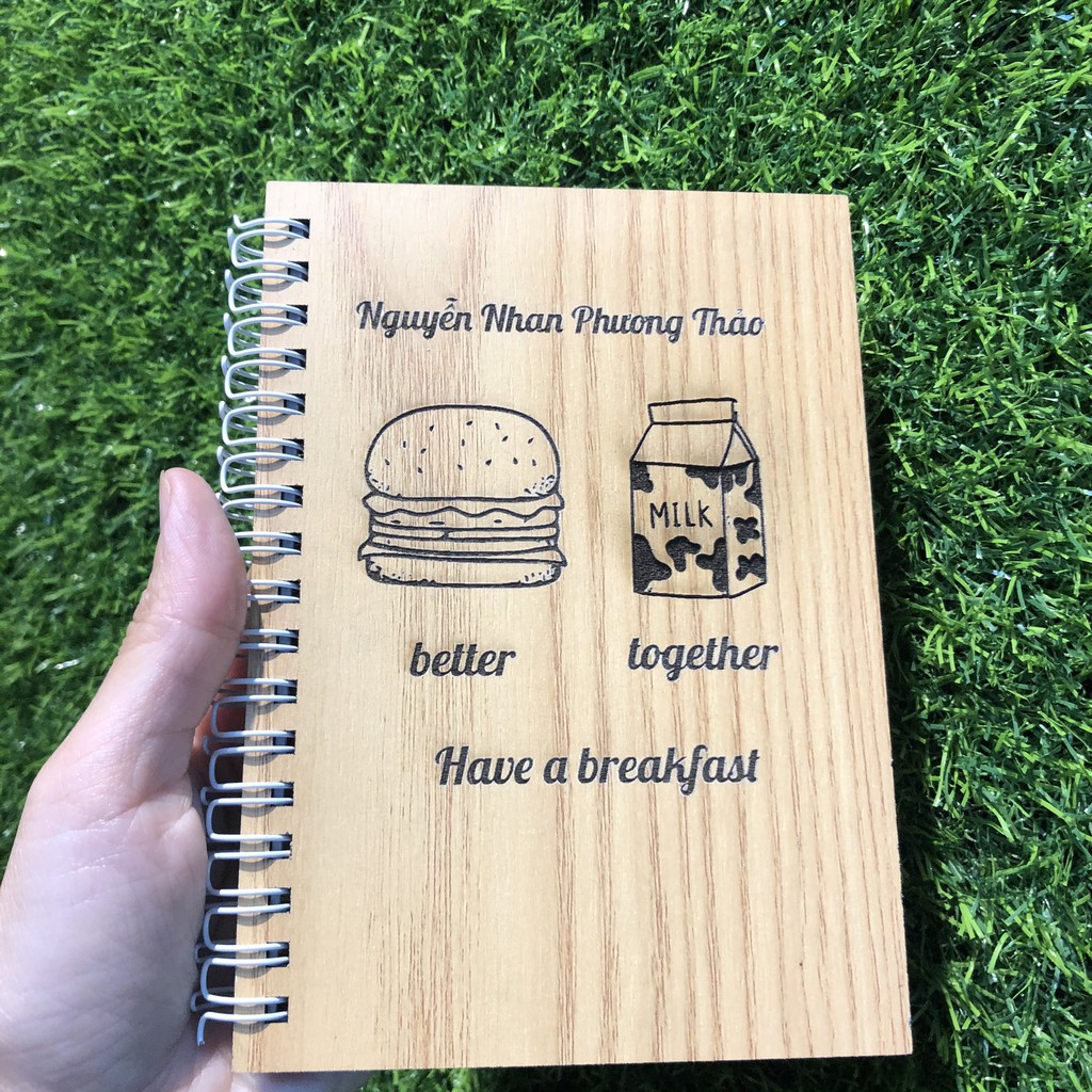 Sổ bìa gỗ khắc hình dễ thương - Sổ tay handmade bìa gỗ cứng - Thiết kế và khắc tên theo yêu cầu