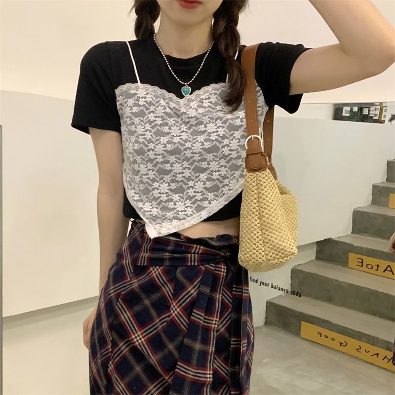 Áo thun IELGY tay ngắn cổ tròn phối lớp ngoài phong cách độc đáo dành cho nữ