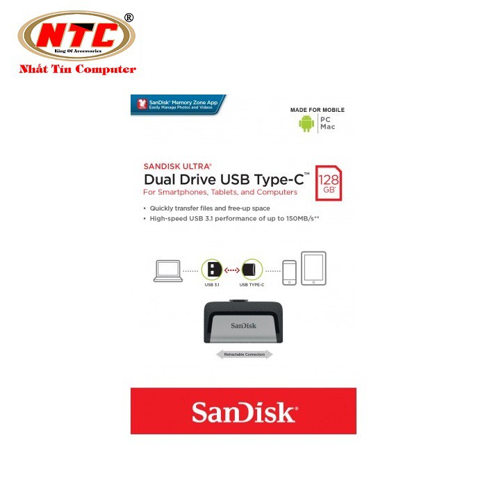 USB OTG Sandisk Ultra Dual Type-C 3.1 128GB 150MB/s (Bạc)