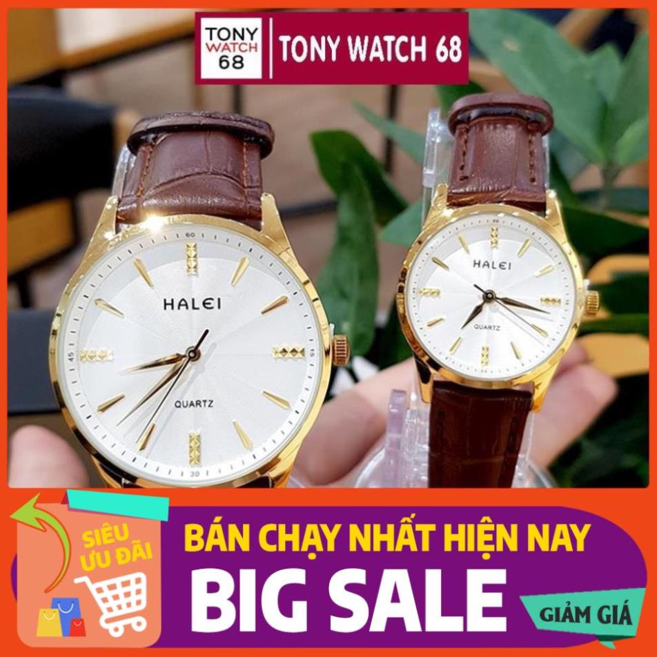 Đồng hồ đôi nam nữ Halei dây da đeo tay cao cấp đẹp mặt nhỏ số đá viền vàng chính hãng
