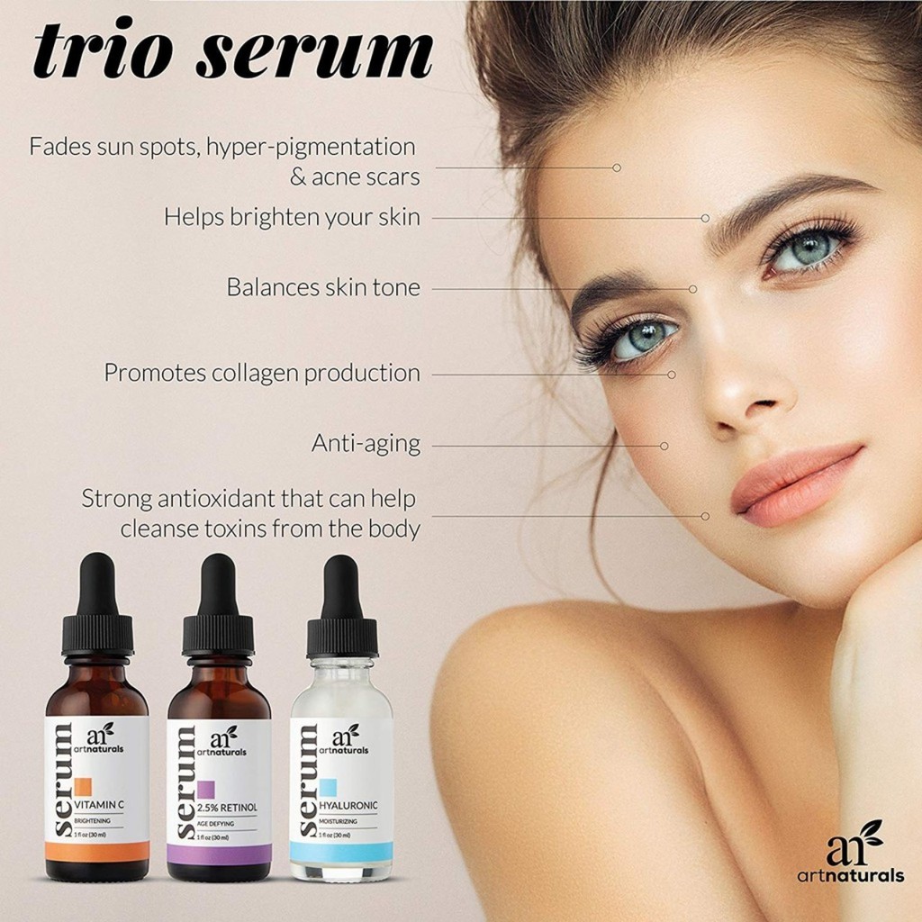 Nhập Mỹ Bộ 3 Serum Vitamin C + Serum Retinol + Serum Hyaluronic Artnaturals, loại bỏ Mụn, Chăm Sóc Da Toàn Diện, 30ml