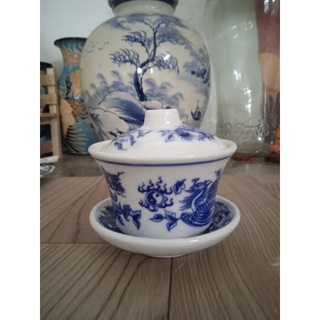 Chén trà gốm sứ men lam có nắp