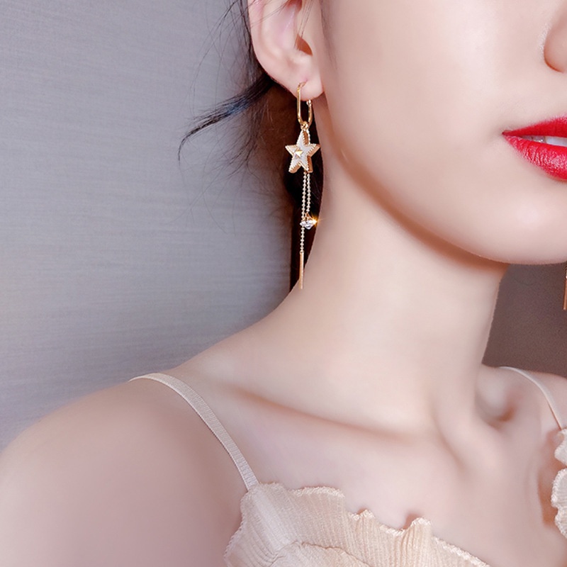 Bông Tai Tua Rua Dáng Dài Bằng Bạc 925 Hình Mặt Trăng Ngôi Sao Phong Cách Hàn Quốc Thời Trang Cho Nữ