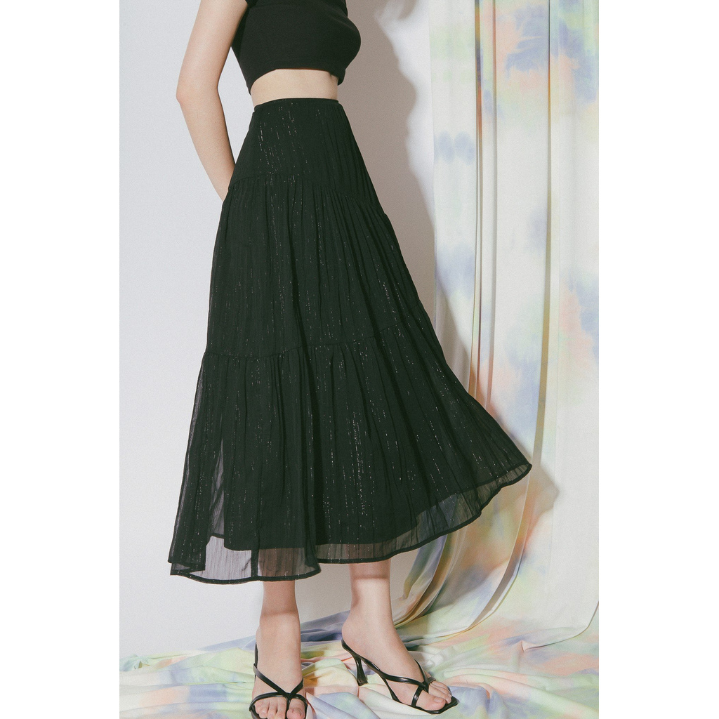 Chân váy dài vải kim tuyến màu đen có nhún thun trên thân  | BigBuy360 - bigbuy360.vn