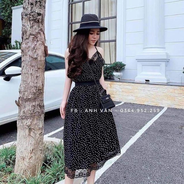 Set váy chấm bi nữ màu đen đẹp M111