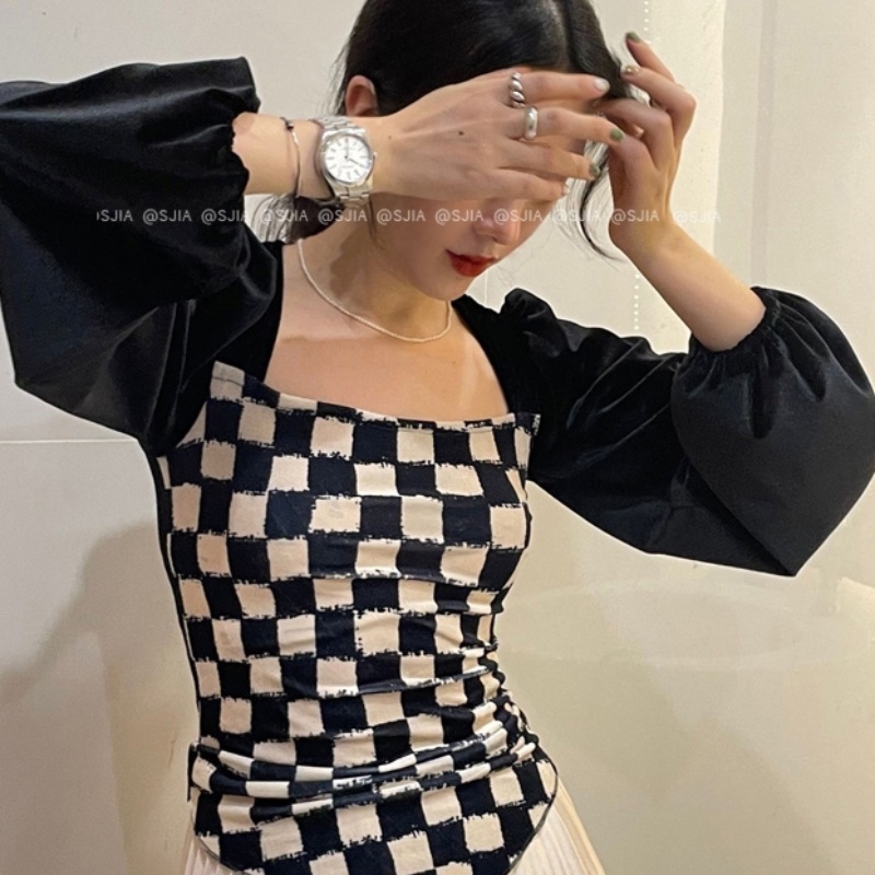 SUXI  Áo kiểu nữ vải nhung tay dài phồng cổ vuông họa tiết caro thời trang
