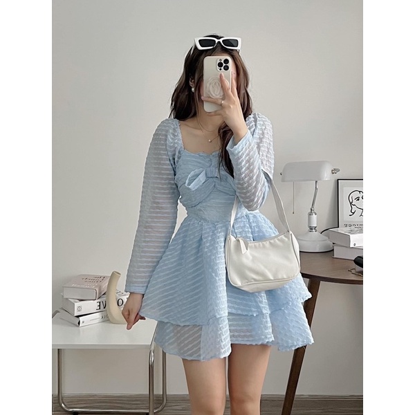 Váy voan dài tay đính nơ ngực 2 tầng bồng bềnh tiểu thư