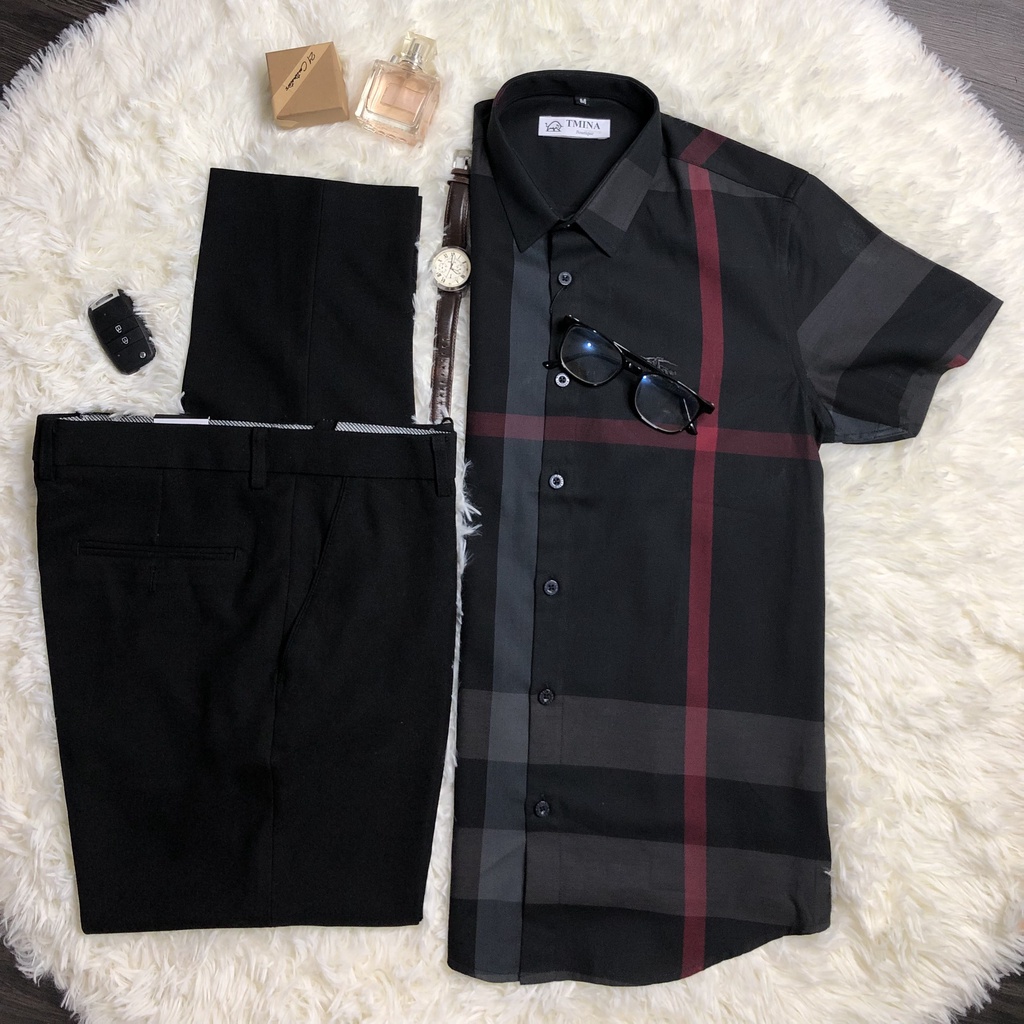 Áo sơ mi ngắn tay BaDass họa tiết caro áo sơ mi cộc tay BBR chất vải cotton dày dặn thấm hút mồ hôi