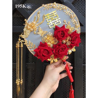 Quạt đỏ chụp hình cổ trang - phụ kiện cưới- quạt lụa gắn phượng và hoa hồng