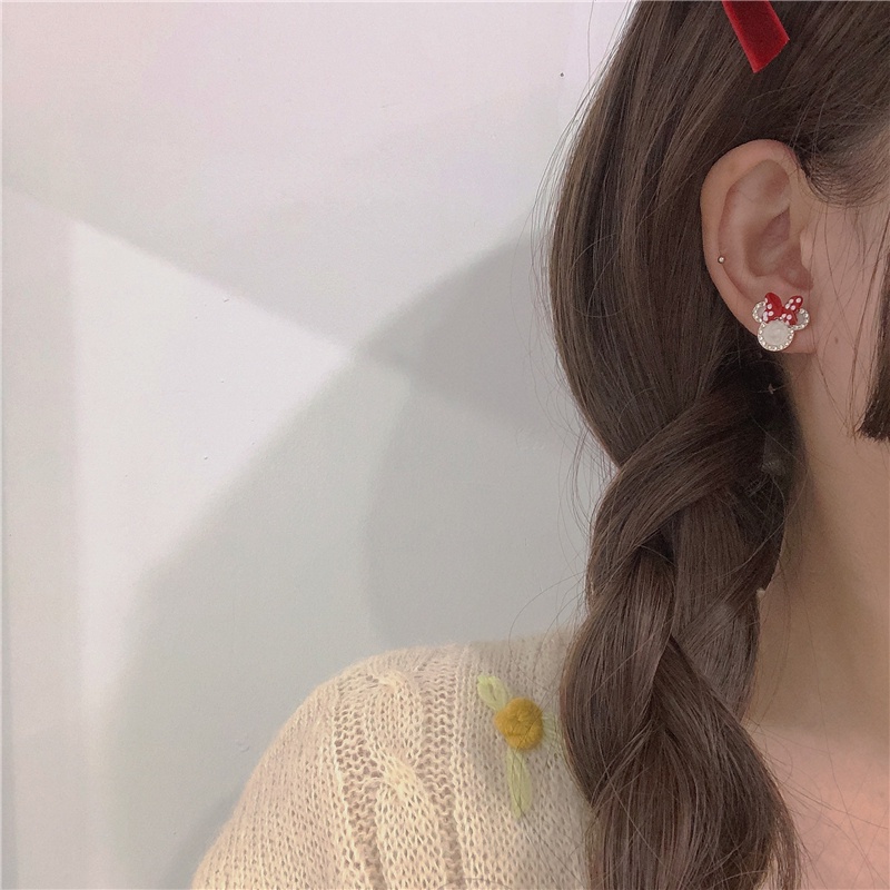 Bông tai bạc 925 hình chuột Mickey và nơ đỏ dễ thương