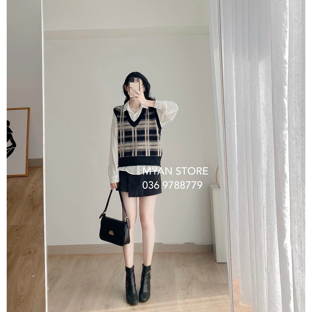 Áo khoác len gile nữ ulzzang hàn quốc dáng rộng len mỏng kẻ caro hàng quảng châu