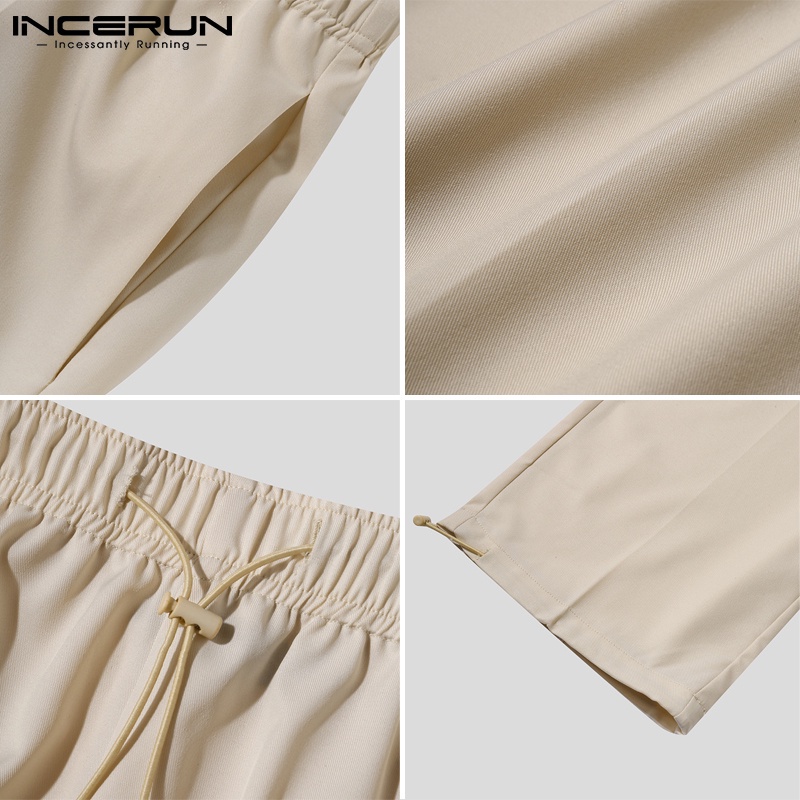 Quần baggy INCERUN dài màu trơn thiết kế dây rút thắt lưng cao co giãn hợp thời trang cho nam